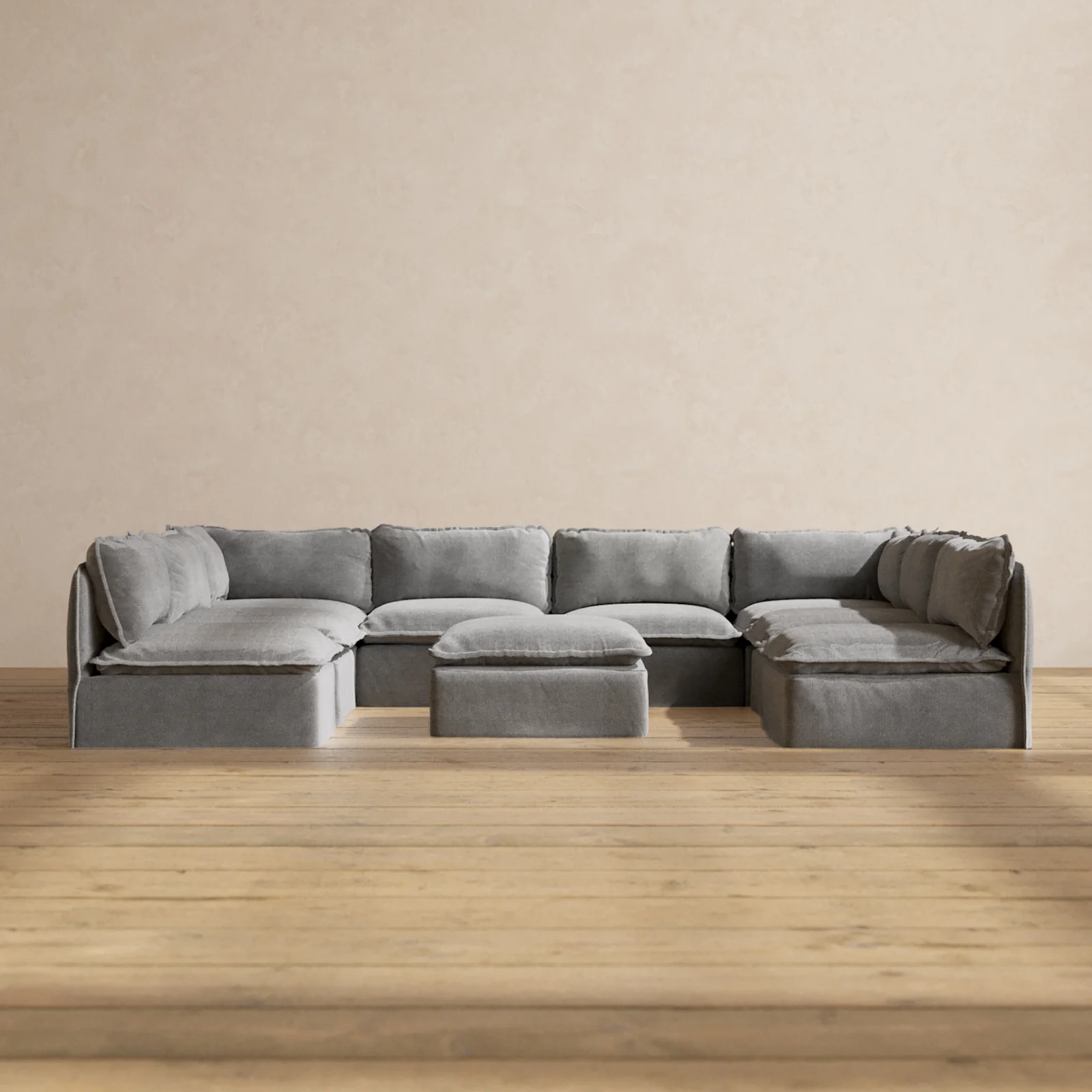 Slipcover Only - Modular Washable 8-Seater Open-Ends U-Sectional + Ottoman in Ash