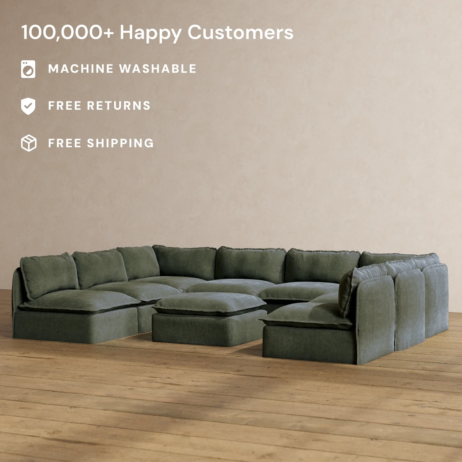 Slipcover Only - Modular Washable 8-Seater Open-Ends U-Sectional + Ottoman in Olivine - Image 2