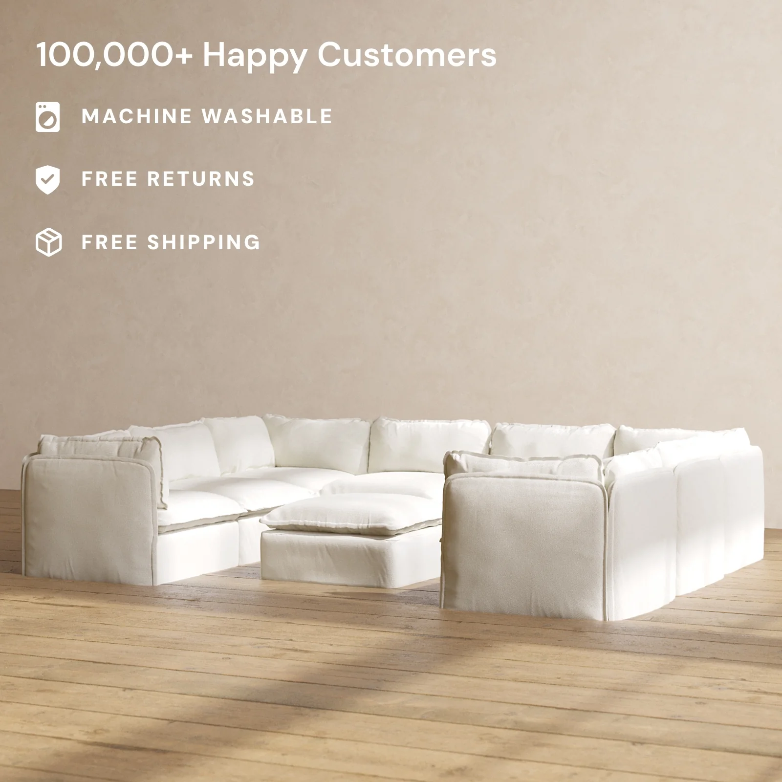 Slipcover Only - Modular Washable 8-Seater U-Sectional + Ottoman in Eggshell - Image 2