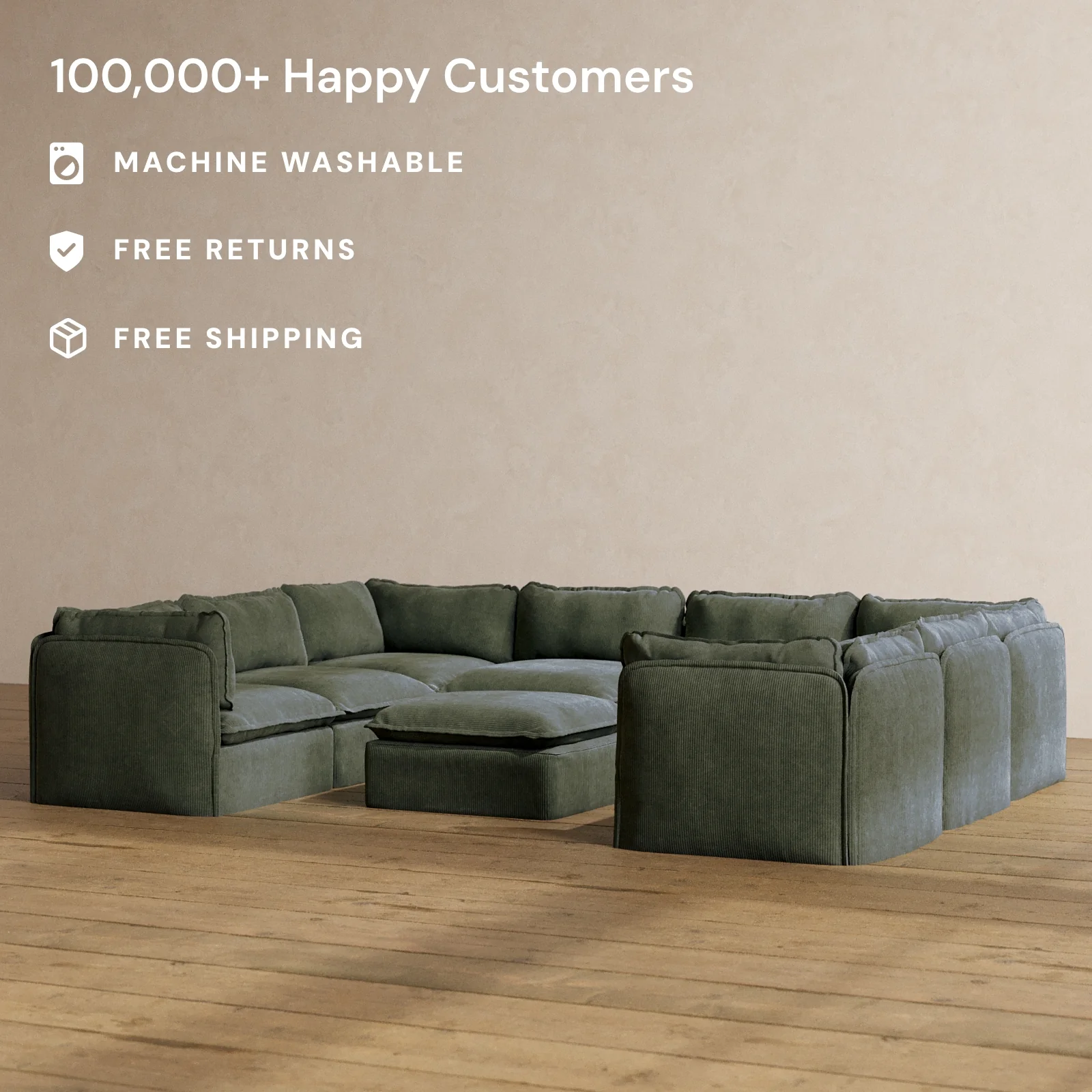 Slipcover Only - Modular Washable 8-Seater U-Sectional + Ottoman in Olivine - Image 2