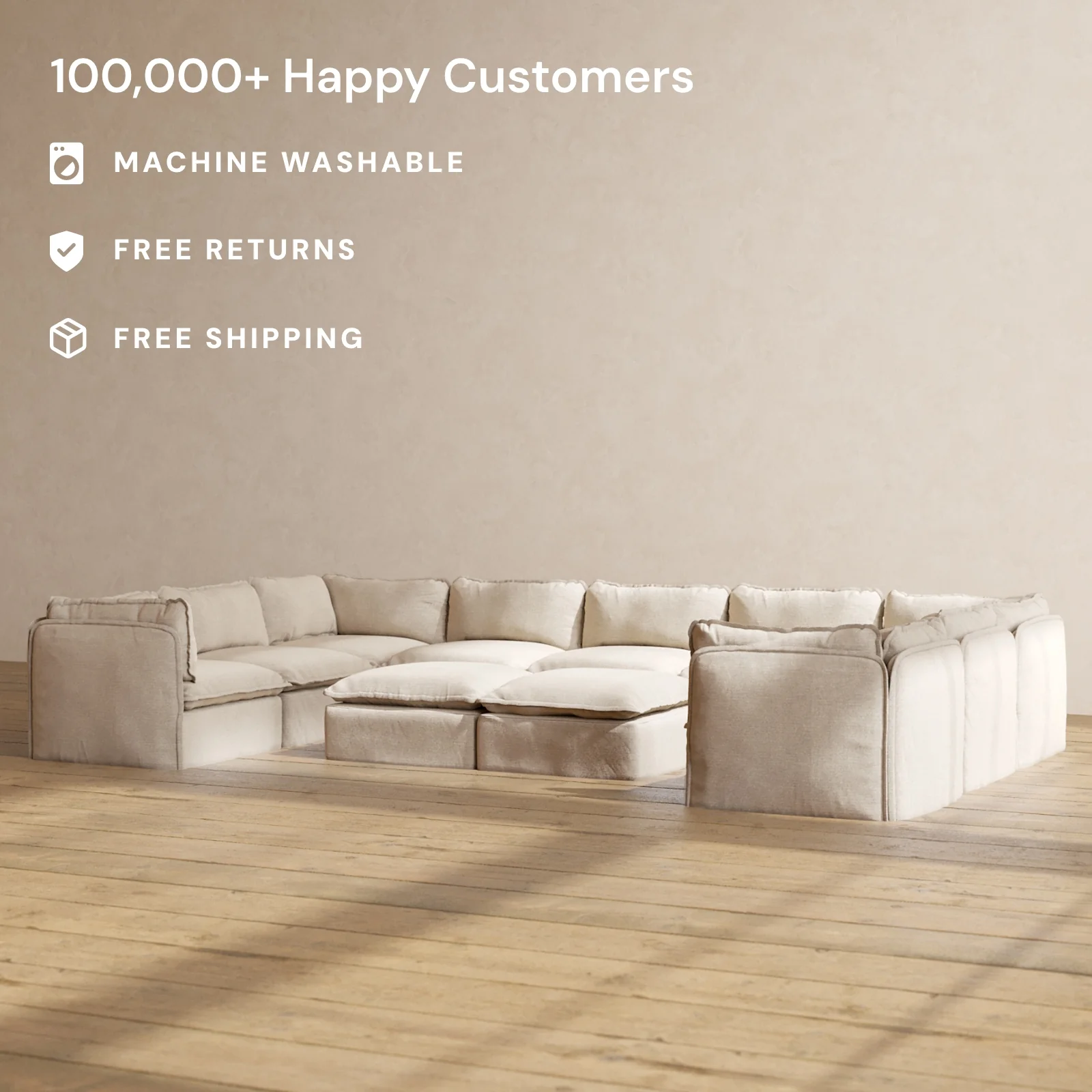 Slipcover Only - Modular Washable 9-Seater U-Sectional + Bench Ottoman in Oat - Image 2