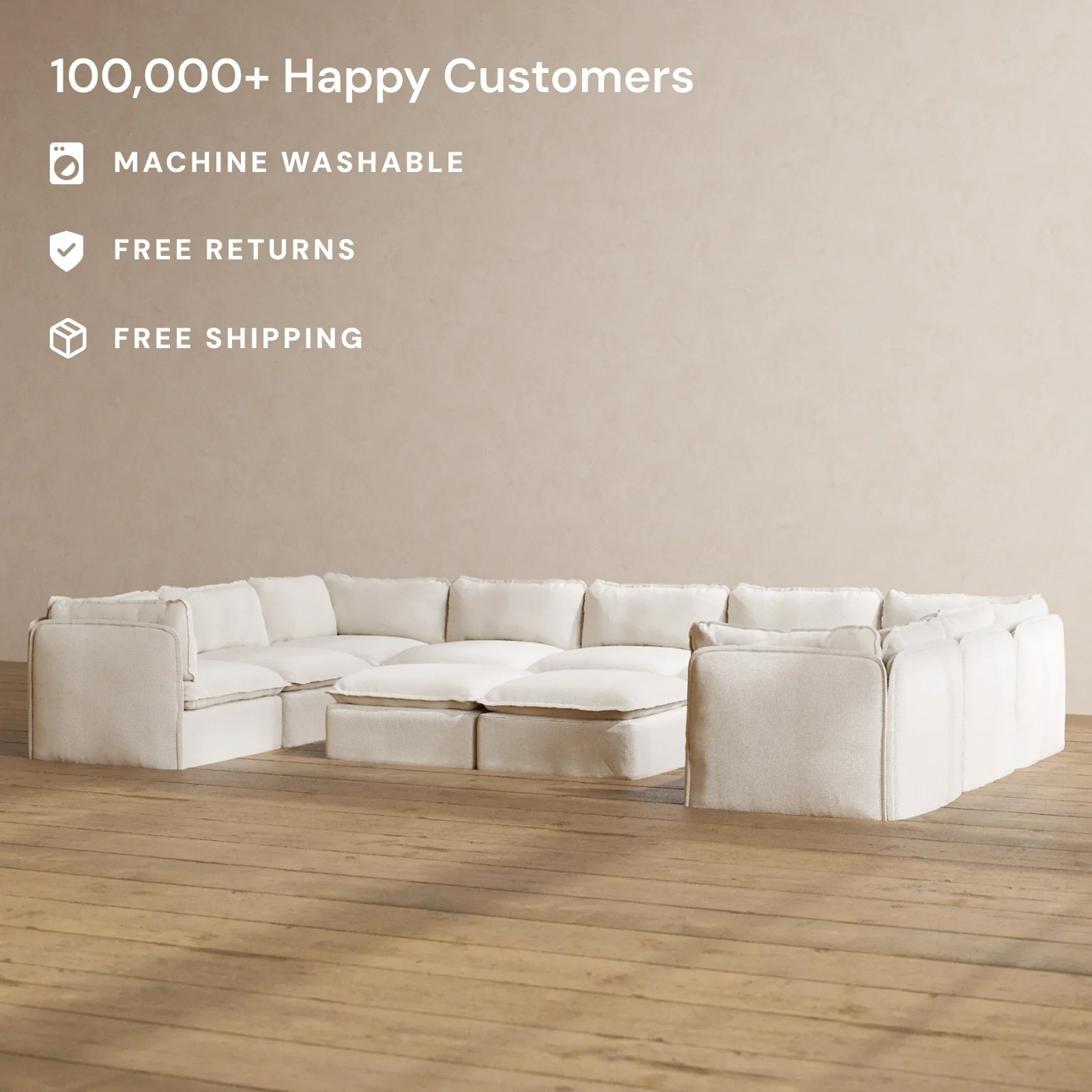 Slipcover Only - Modular Washable 9-Seater U-Sectional + Bench Ottoman in Powder - Image 2
